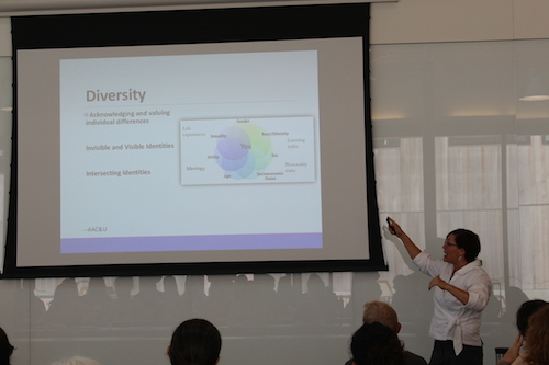 presenter gestures toward slide on diversity